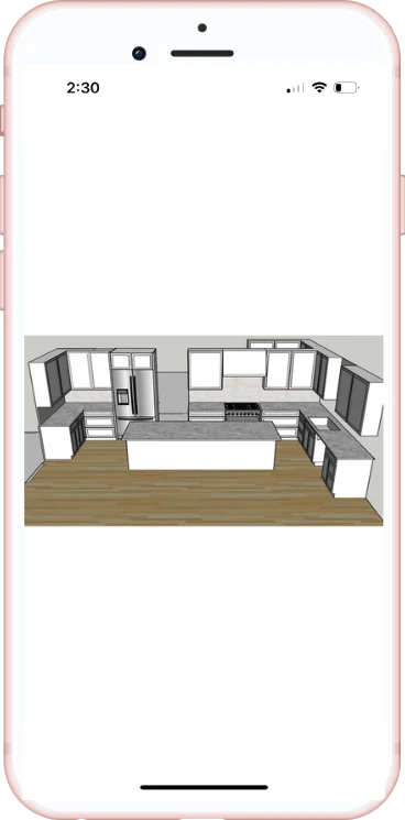 Phone showing a SketchUp drawing of a kitchen remodel: white cabinets, island, wood floor