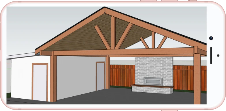 Phone showing a SketchUp drawing of a gable pavilion with a brick fireplace