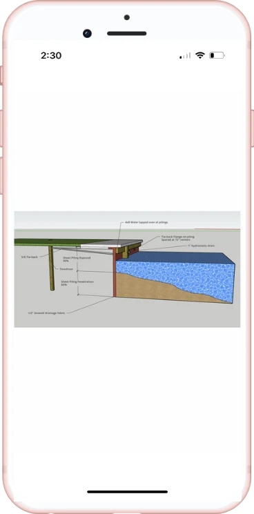 Phone showing a SketchUp cross-section of a seawall with tie-backs and drain