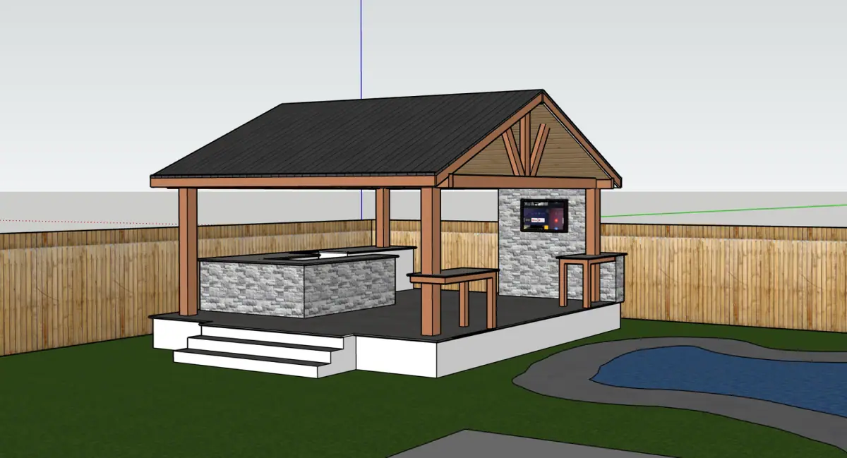 SketchUp drawing of a gable pavilion with an outdoor kitchen and stone bar